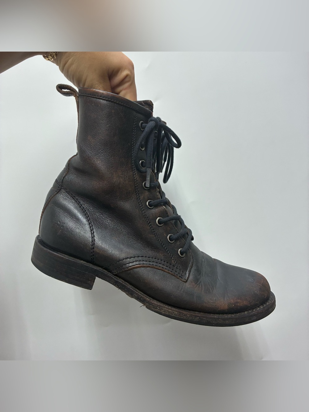 FRYE Veronica Womens 8.5 Leather Combat Boots Distressed Black Brown Lace Up